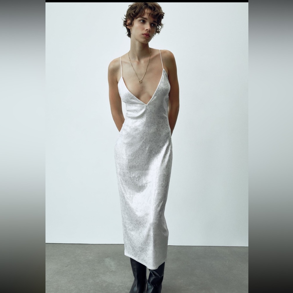 ZARA Sequin Metallic V-neck Midi Dress Cross back Silver Open Back Thin Strap S